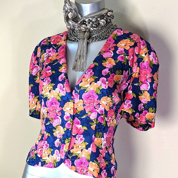 100% Silk Vibrant Bold Floral Print "Papell" Cropped Blouse Blazer - Picture 14 of 15
